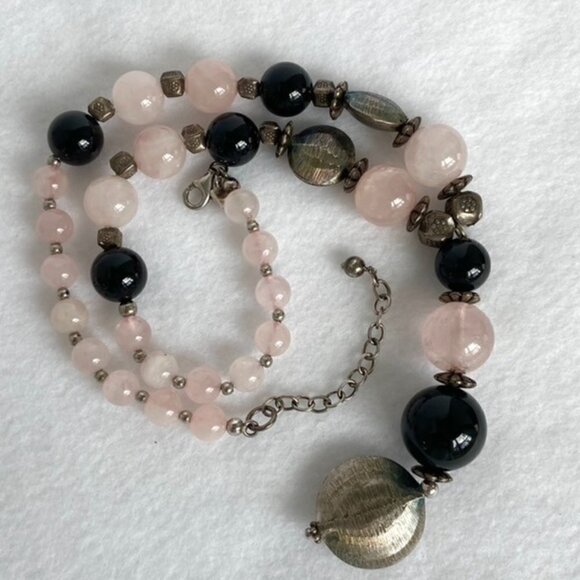 Sterling Silver 925 Rose Quartz Black Onyx Beaded Y Necklace 18.5" 81g Stone - Picture 14 of 16